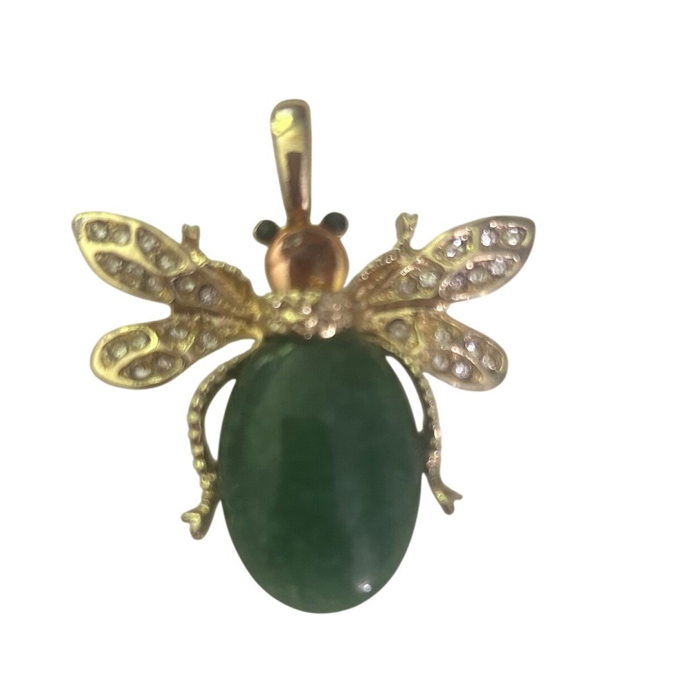 Vintage Gold Tone Green Jade Rhinestone Bee Beetle Insect Pendant Statement Bug - Picture 3 of 5